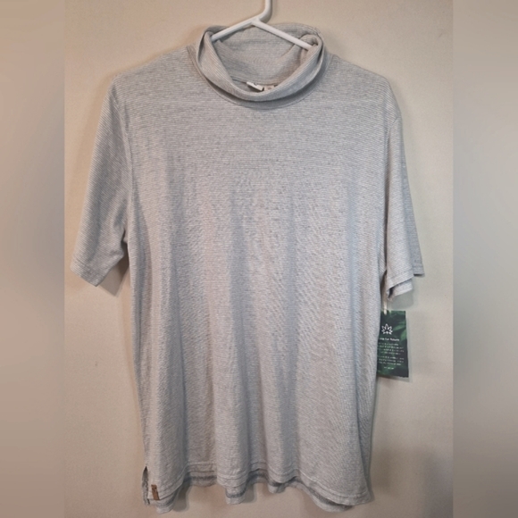 NWT Tentree Moraine SS top med grey white stripe shortsleeve mock neck hemp top - Picture 1 of 8